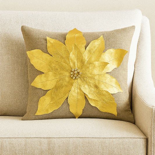 PLW0110 - Gold 3D Poinsettia Flower Natural 17"Throw Pillow