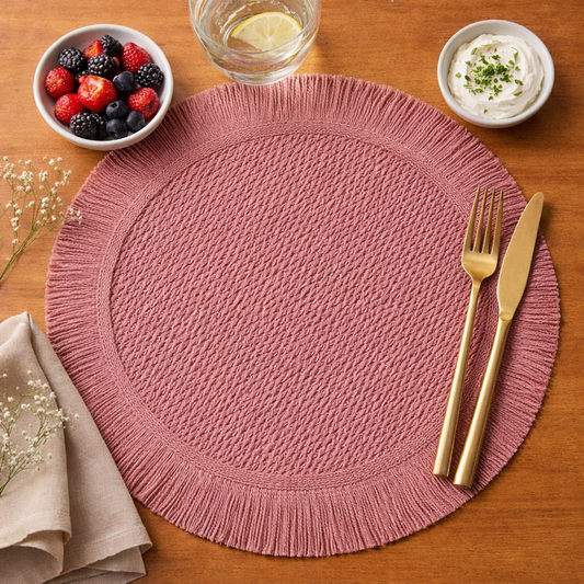 Vintage Pink Braided Woven 15" Placemat with Fringe