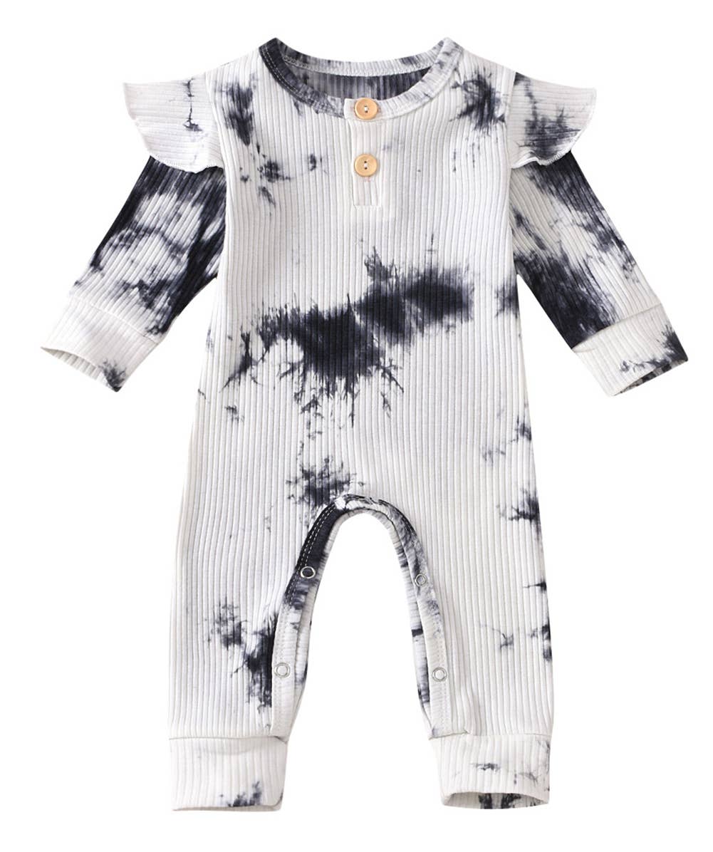Black & White Tie Die Ribbed Baby Romper