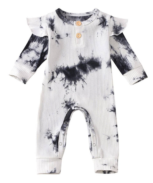 Black & White Tie Die Ribbed Baby Romper