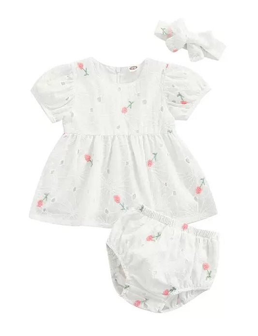 Eyelet Flower Cotton Baby Dress, Bloomers & Headband