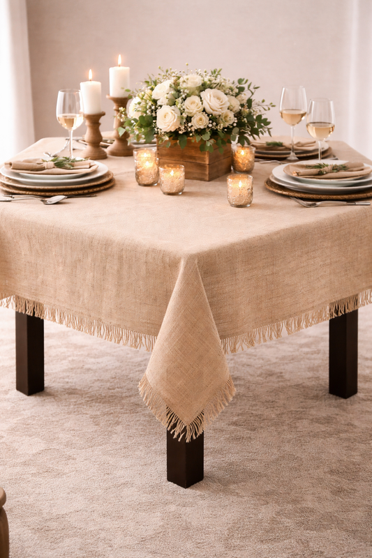 Natural Fringed Burlap Woven Tablecloth