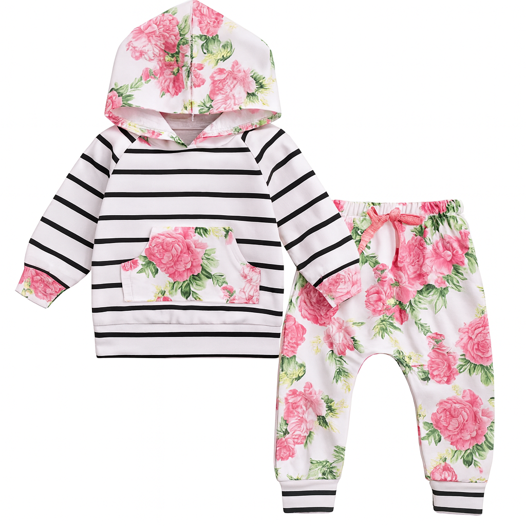 Pink Floral Striped Baby Hoodie & Pants