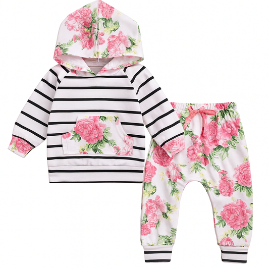 Pink Floral Striped Baby Hoodie & Pants