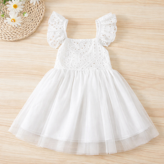 White Embroidered Eyelet Tulle Girl Dress