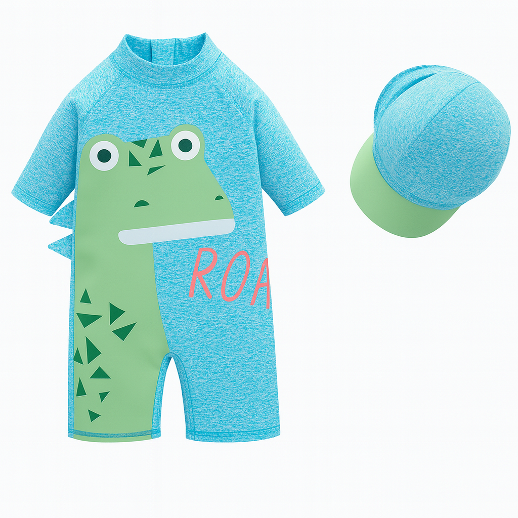 Blue-Green Dinosaur 1-Piece Boy Rash Gaurd & Swim Hat