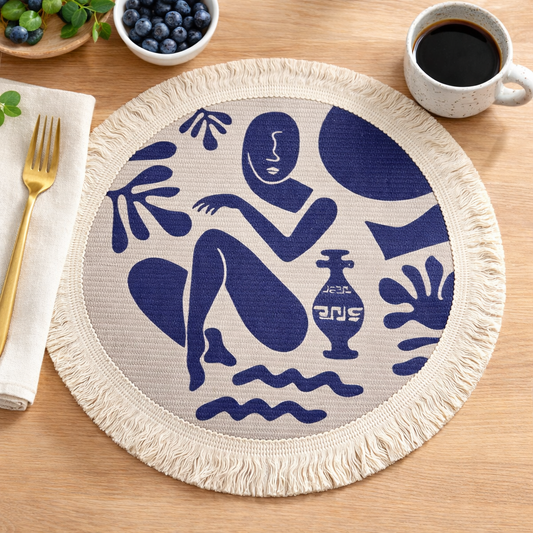 Blue and Ivory Artsy Abstract Woven Fringe 13" Placemat