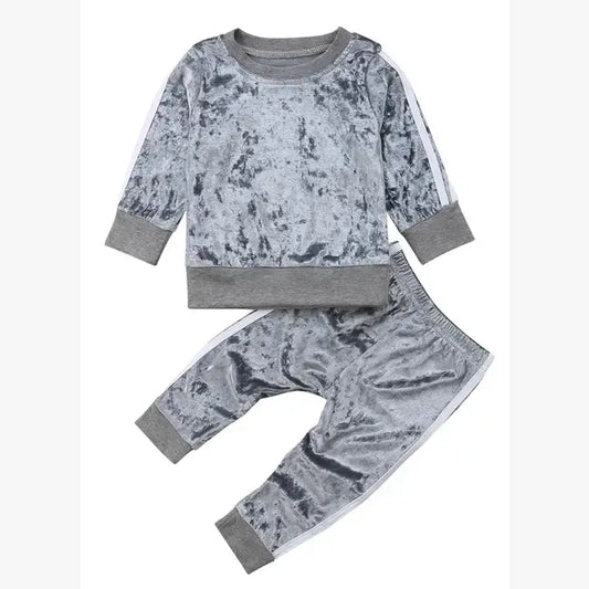 Gray Soft Velvet Girl Sweatshirt & Pants