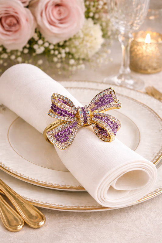 Jeweled Purple Bowknot Gold Napkin Ring Holder