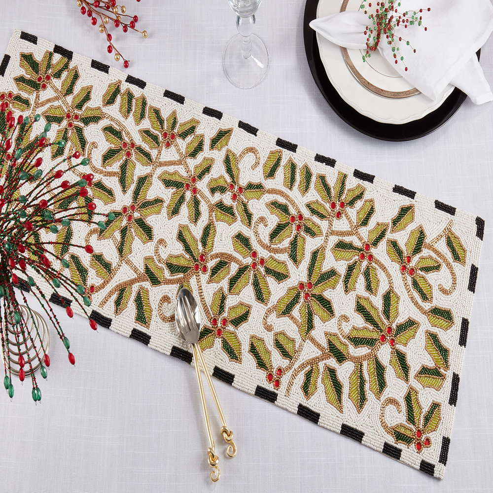 9190 - Beaded Holly Leaves 13"X35" Runner