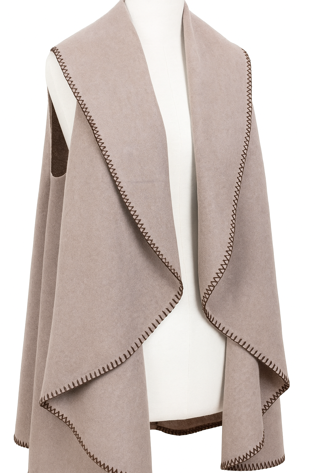 Khaki Open Front Drape Vest Wrap with Whipstitch Edge