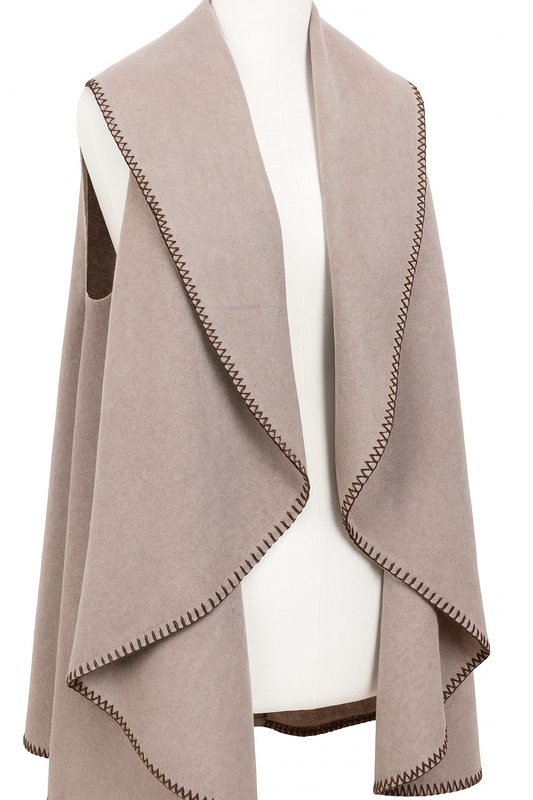 Khaki Open Front Drape Vest Wrap with Whipstitch Edge