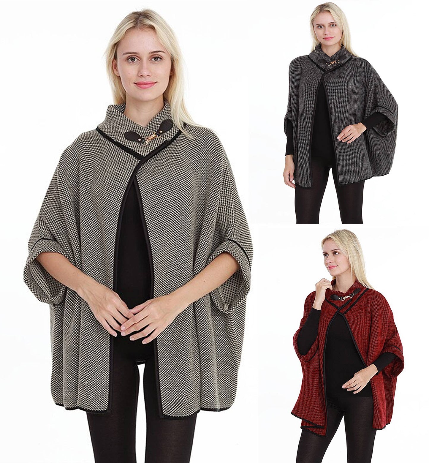 Knit Buckle Poncho Cape Cardigan