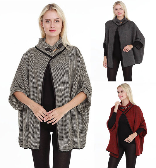 Knit Buckle Poncho Cape Cardigan