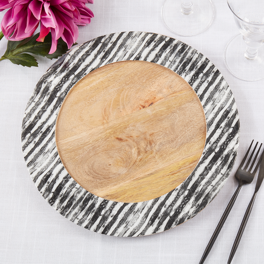 CH122 - Striped Rim Mango Wood 13" Round Charger Plate