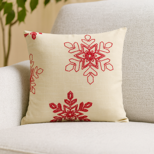 70197 - Embroidered Red Snowflake Natural 18" Throw Pillow