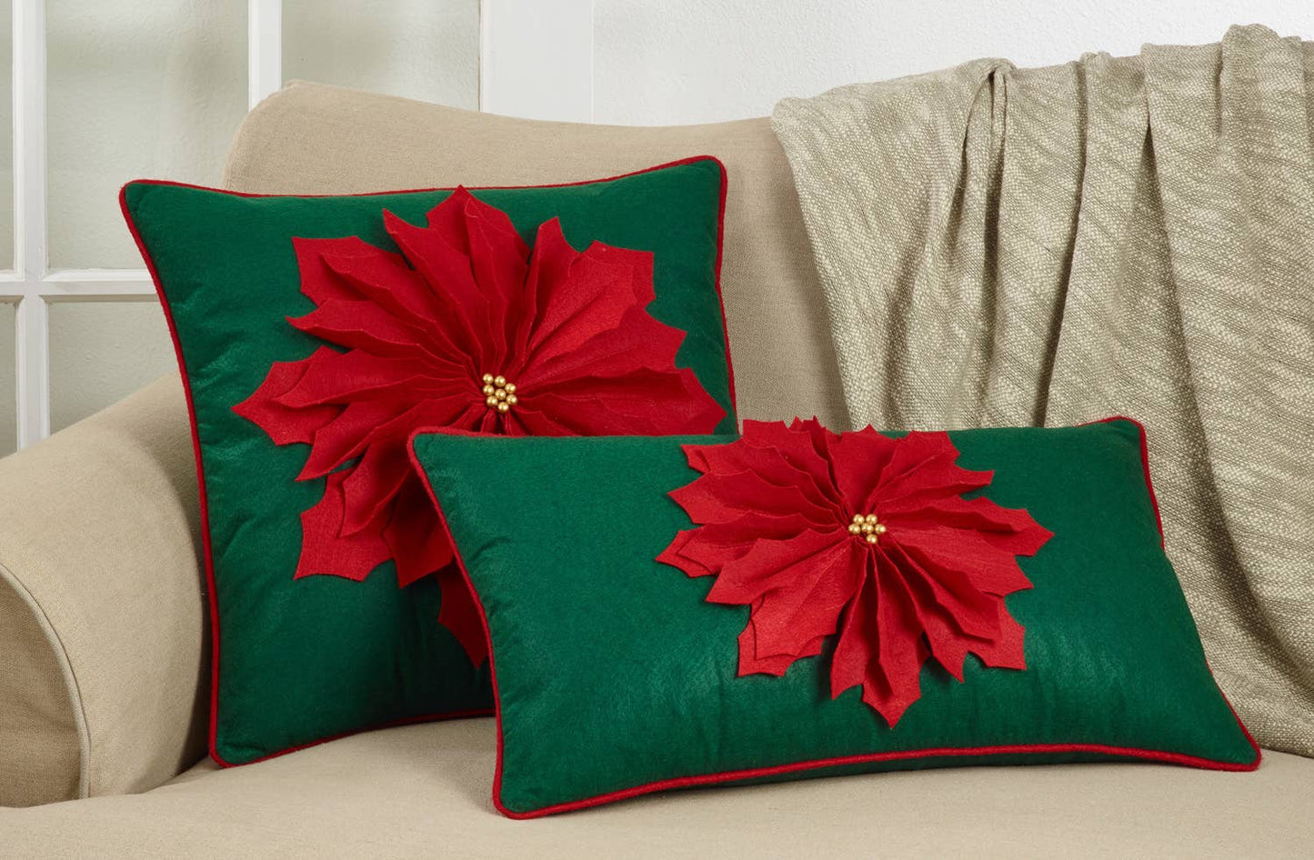 1372 - Red & Green Felt Poinsettia 14x22 Throw Pillow
