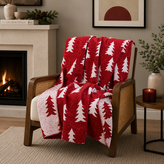 Red-White Reversible Christmas Tree Throw Blanket - 50"X60"
