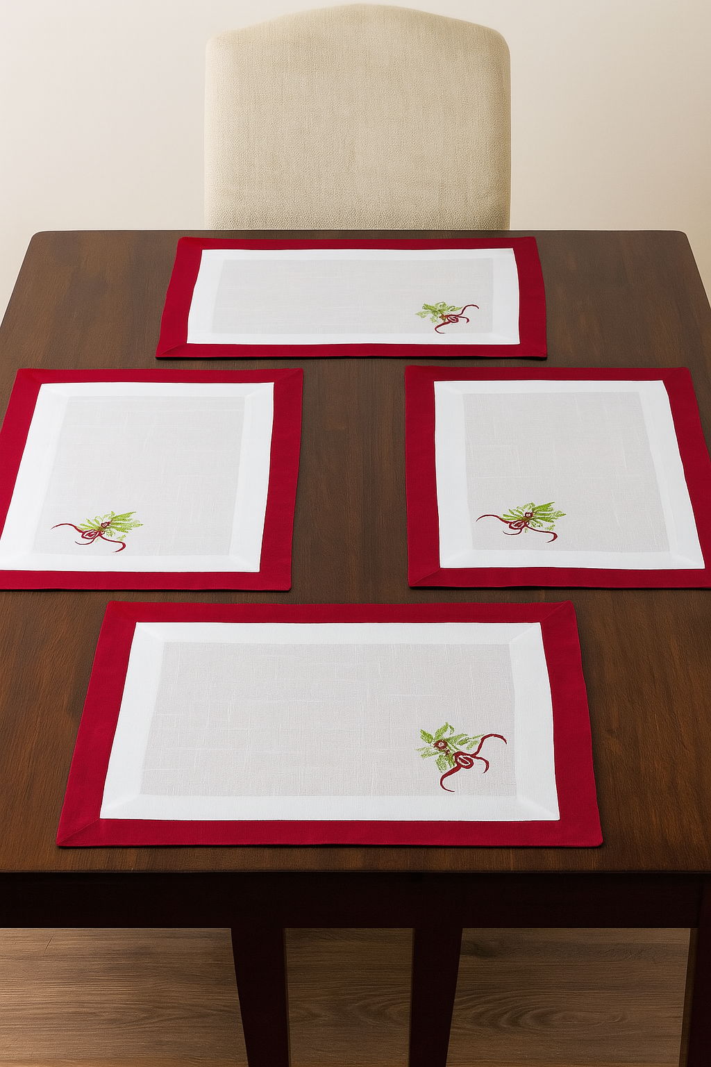 TBL0002 - Red White Embroidered Holly Tree Placemat