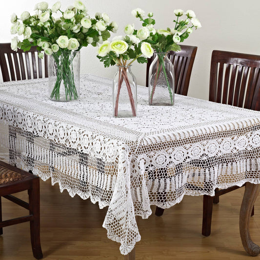 869 - White Handmade Cotton Crochet Lace 72"x108" Tablecloth
