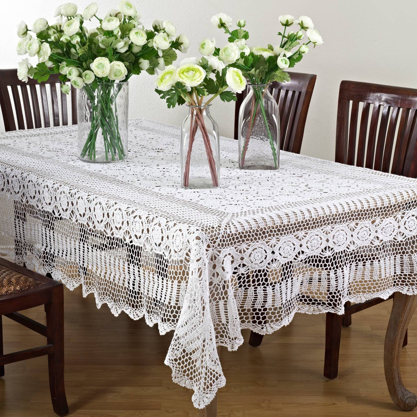 869 - White Handmade Cotton Crochet Lace Tablecloth