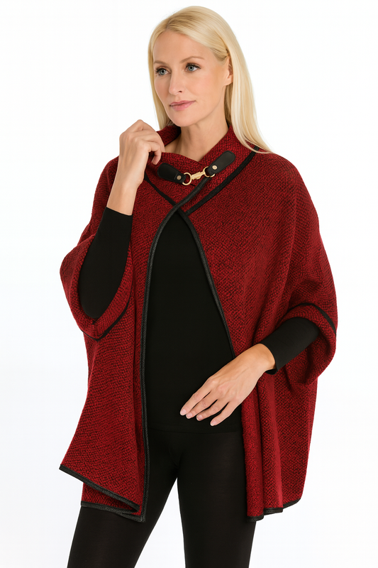 Burgundy Knit Buckle Poncho Cape Cardigan