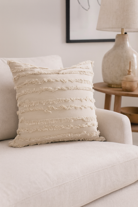 Beige Modern Fringed Stripe Cotton 17" Throw Pillow