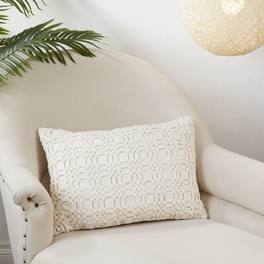 0002 - Ivory Cotton Smocked 14"X20" Down Filled Throw Pillow