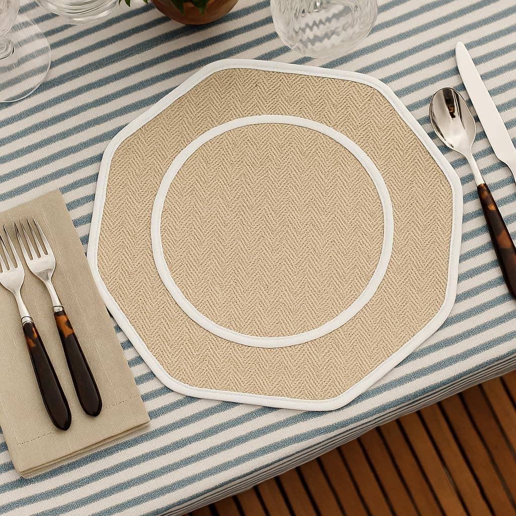 PM0056 - 13" Woven Round Octagonal Shape Placemat - White and Natural