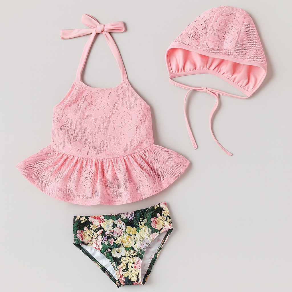 Pink Floral Lace 3pcs Girl Swimwear Set