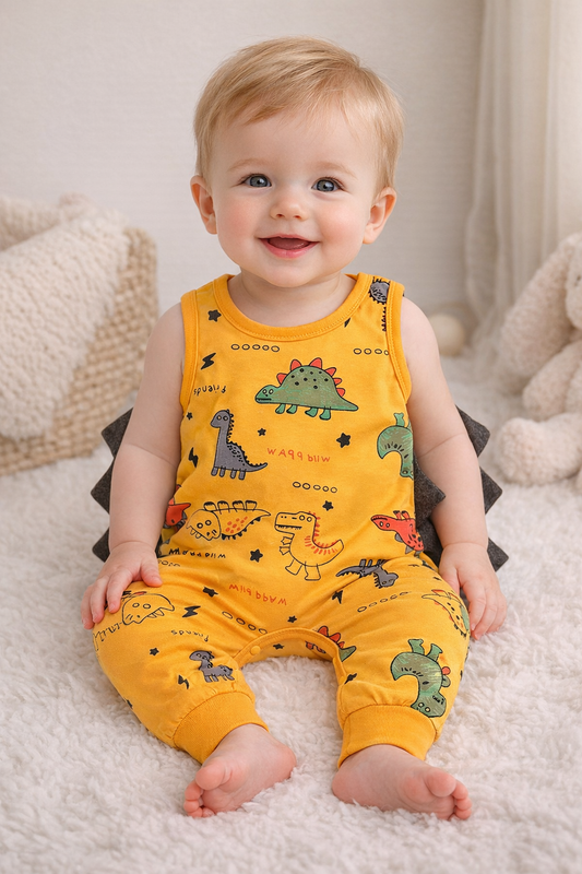 Yellow Dinosaur Sleeveless Baby Jumpsuit
