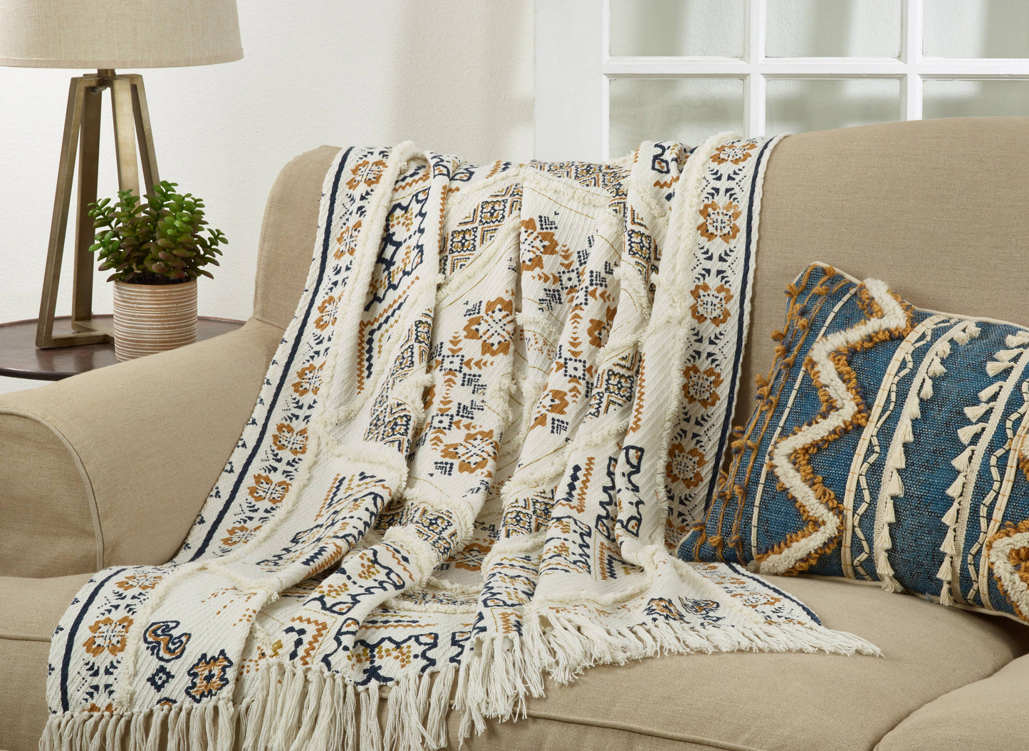TH939 - Boho Style Printed & Embellished 50x 60 Cotton Throw Blanket