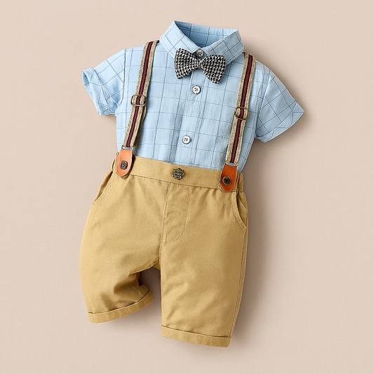 Plaid Bowtie Dress Shirt, Pants, Suspenders 3pcs Boy Outfit