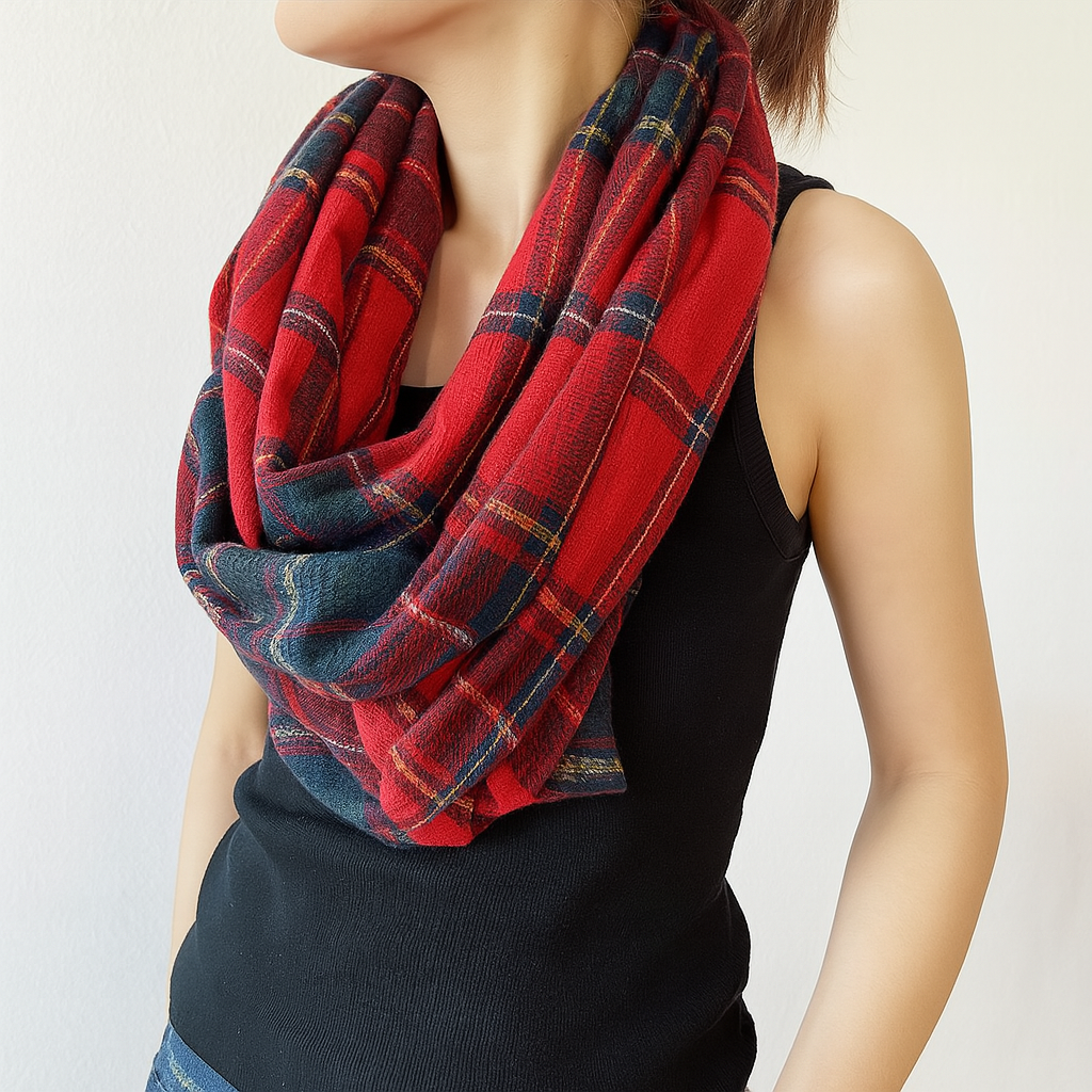 Red Plaid Infinity Scarf with Zipper Pocket