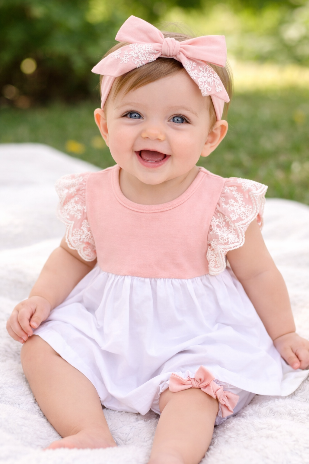 Pink-White Baby Dress, Bloomers & Headband 3pcs Baby Outfit