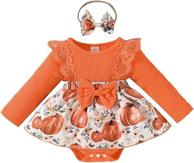 Orange Fall Pumpkin Baby Romper Dress & Headband
