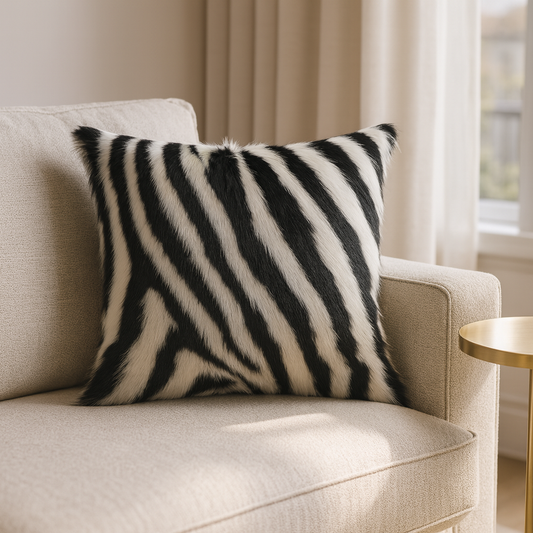 4657 - Black and White Zebra Goat Fur Down-Filled 18" Throw Pillow