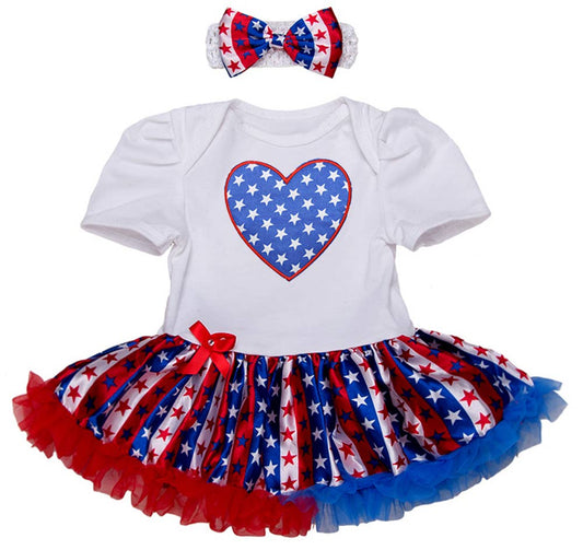 American Flag Heart White Baby Romper Dress & Headband