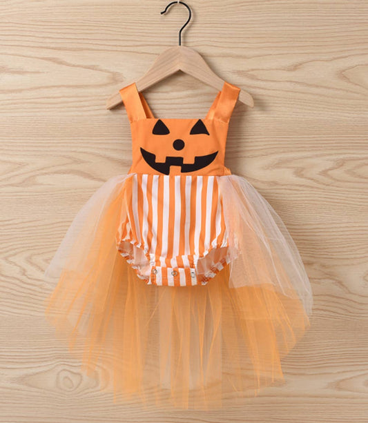 Orange Pumpkin Striped Tulle Skirt Romper Baby Girl Costume