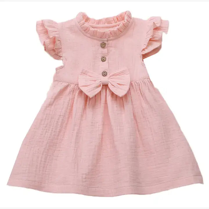 Pink Flutter Sleeve Stand Collar Cotton Little Girl Dress