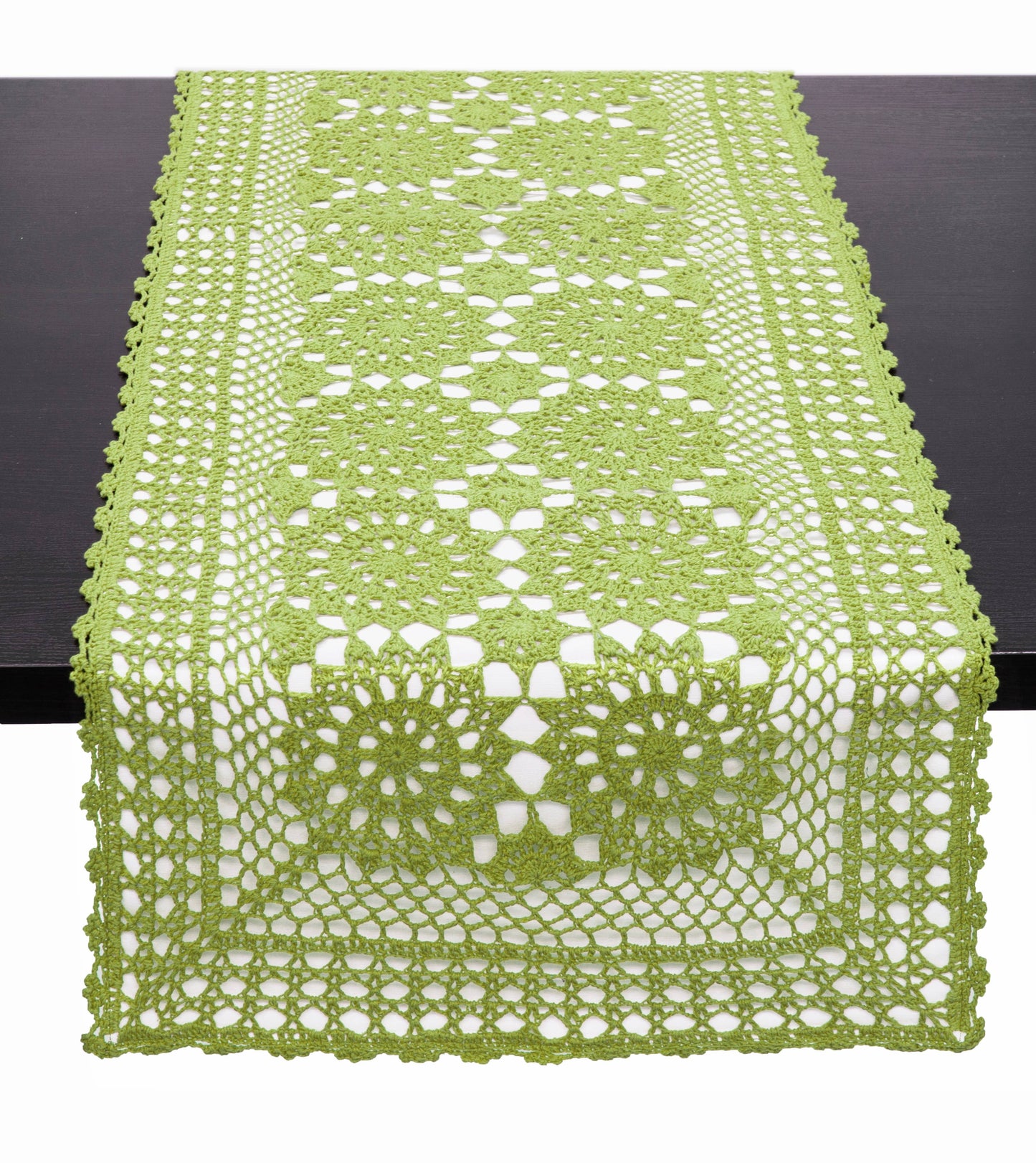 RNR0001 - Green Hand Crocheted Mandala Cotton Table Runner