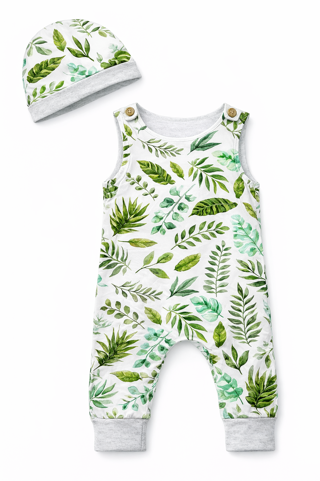 Green Leaves Two-Piece Baby Romper and Hat