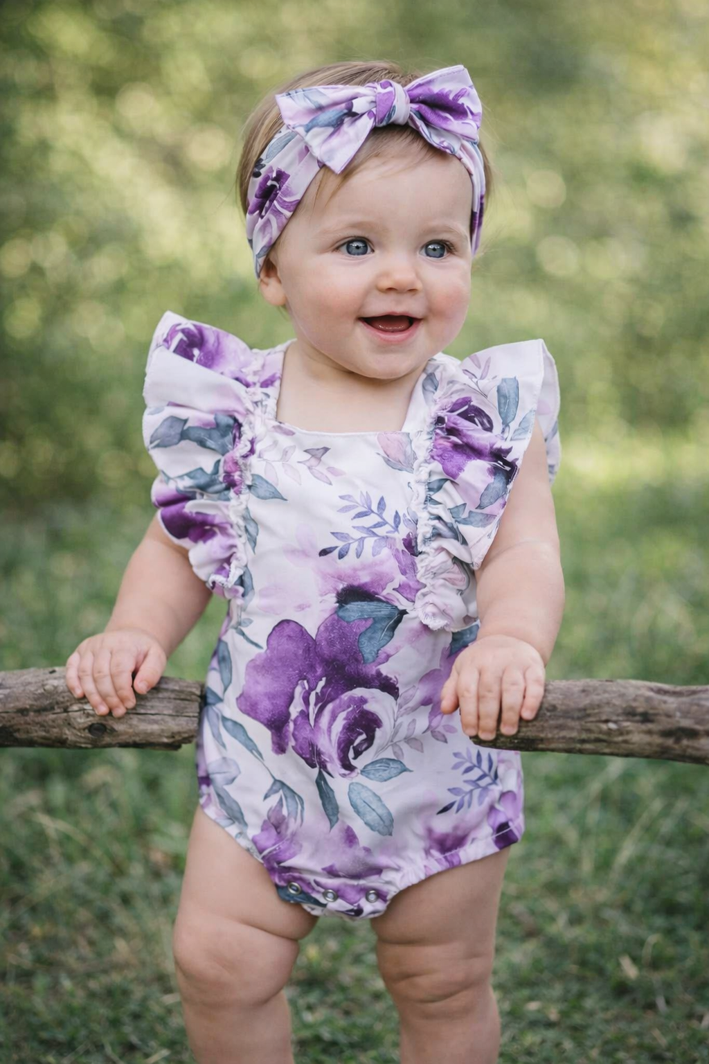 Purple Floral Ruffle Sleeve Open Back Baby Romper & Headband