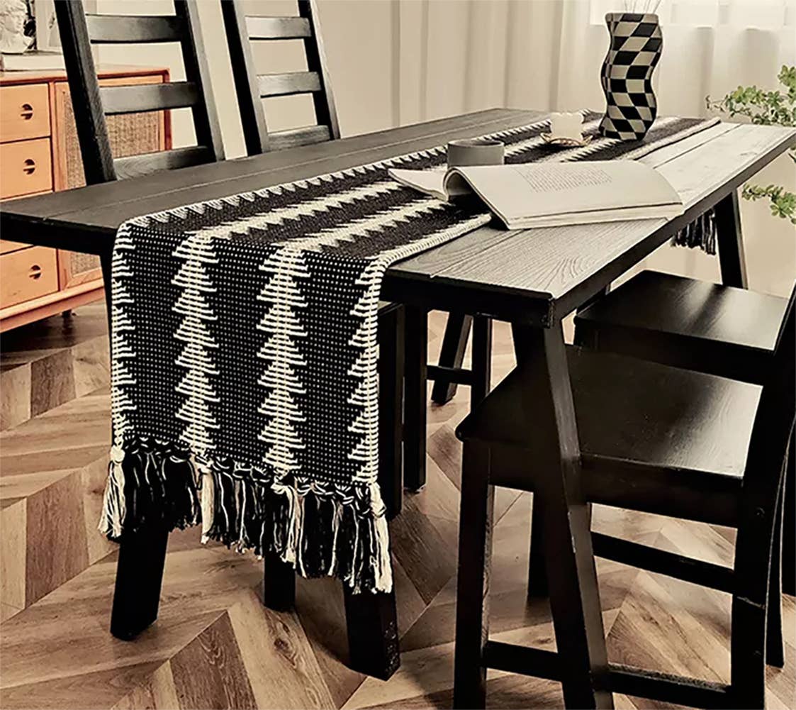 RNR0012 - Black Reversible Geometric Cotton Table Runner with Fringe
