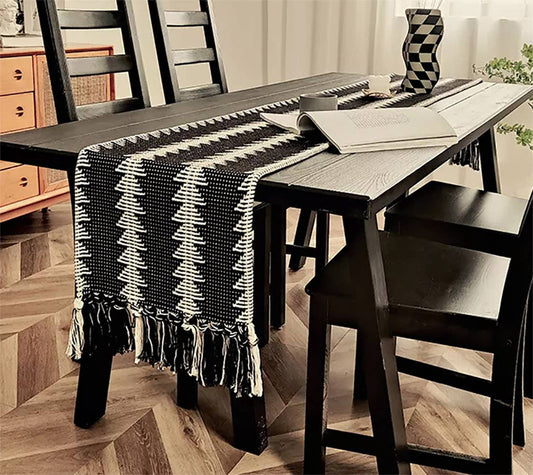 RNR0012 - Black Reversible Geometric Cotton Table Runner with Fringe