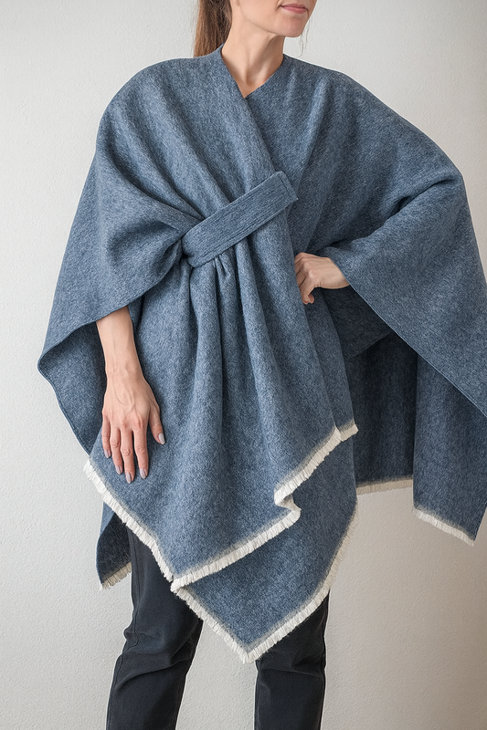 Navy Blue Fringe Poncho Warm Open Front Shawl Cape