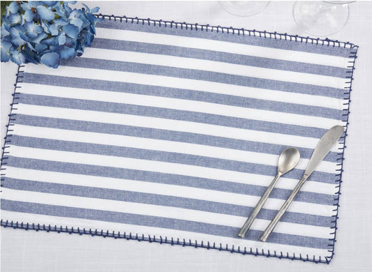 7041 - White & Blue Striped Whipstitch Cotton 14"x20" Placemat