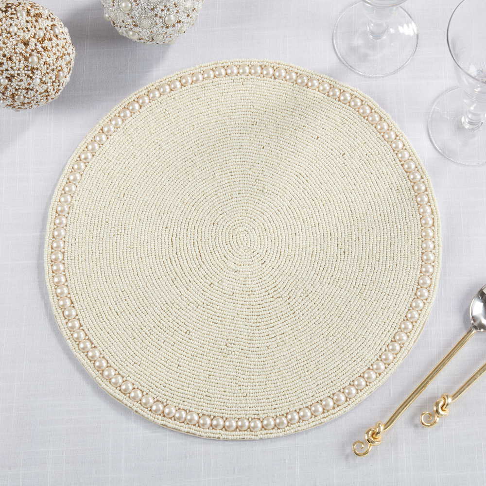 990 - Ivory Glass Beaded Round Placemat – 15" Elegant Table Accent