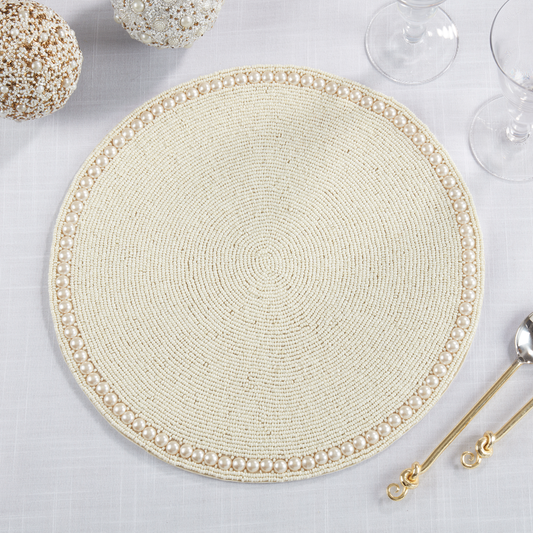 990 - Ivory Glass Beaded Round Placemat – 15" Elegant Table Accent