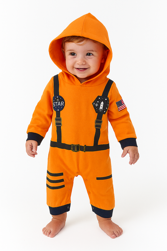 Orange Astronaut Long Sleeve Hooded Costume Baby Romper